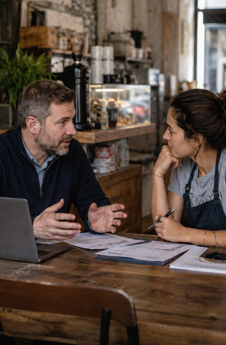 Business owner having a real advisory conversation with BondEsq