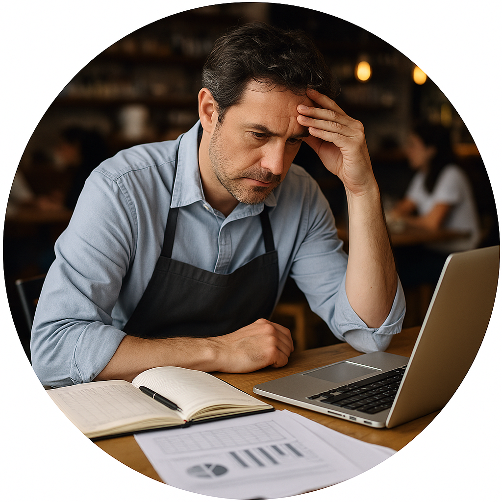 Hospitality owner reviewing staff payroll data in a busy café