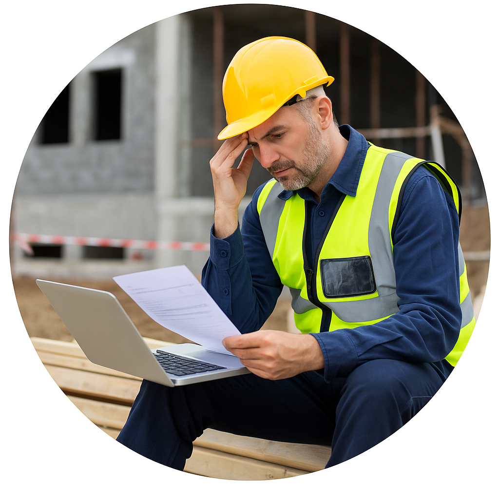Builder reviewing overdue invoices and cash flow on site