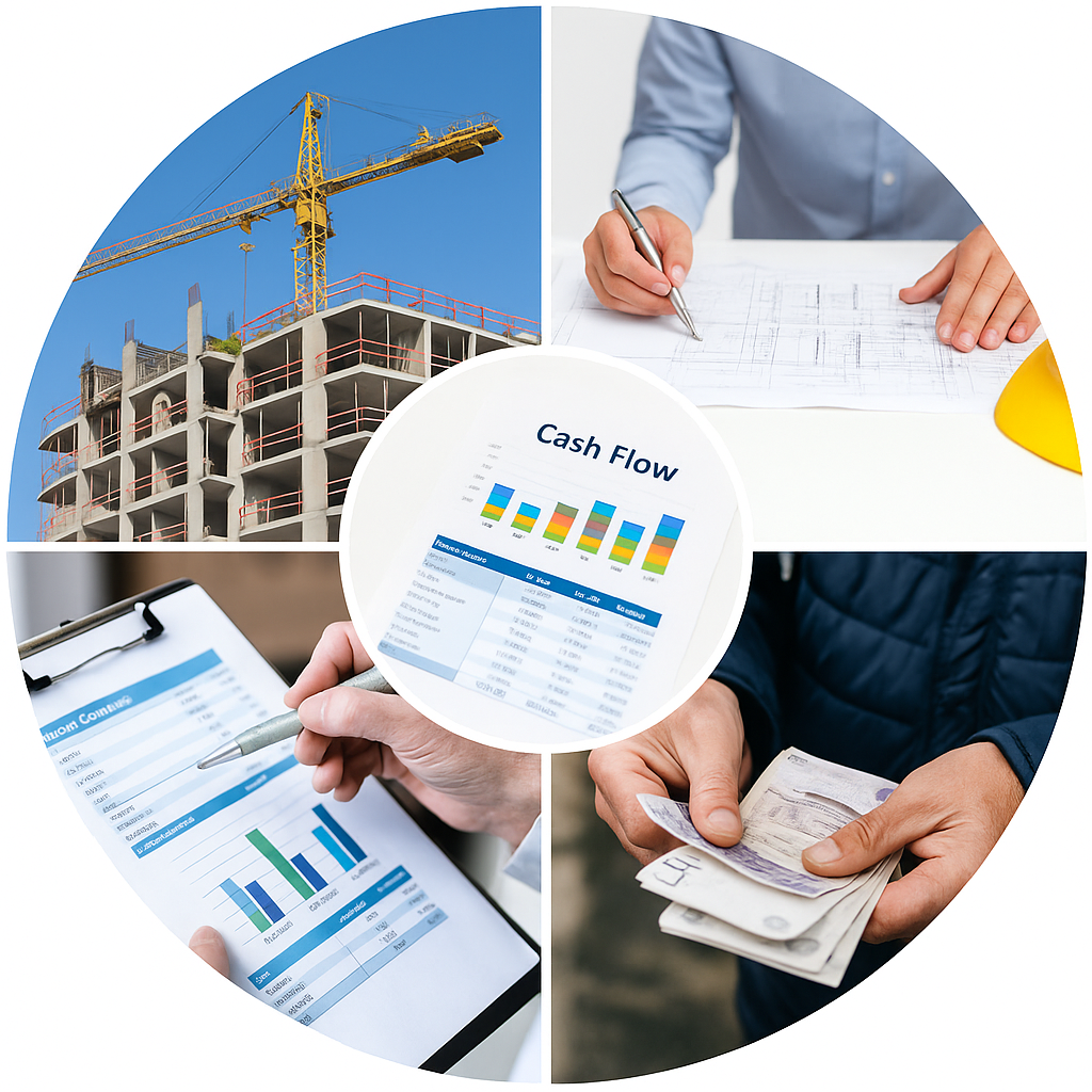 Builder reviewing project costs on construction