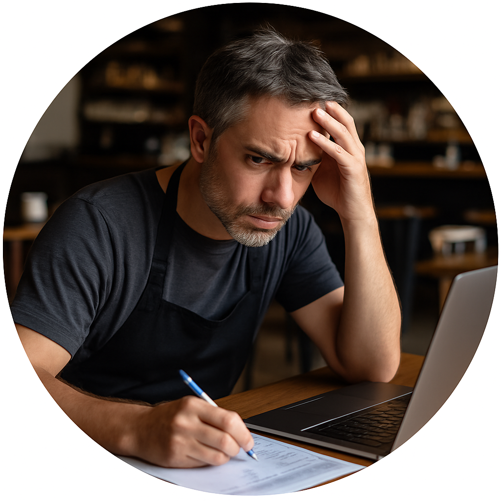 Stressed restaurant owner doing bookkeeping on laptop