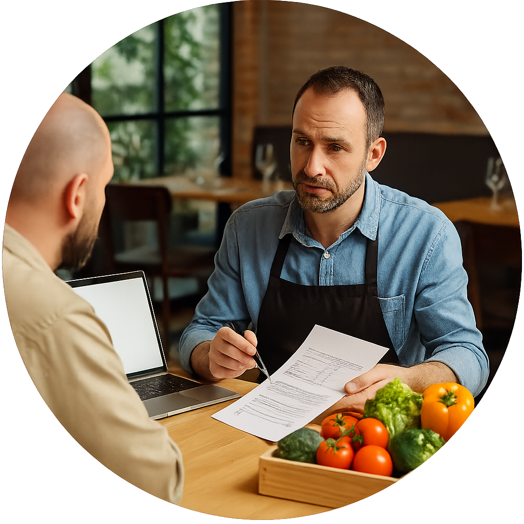 Restaurant owner discussing bulk order pricing with food supplier