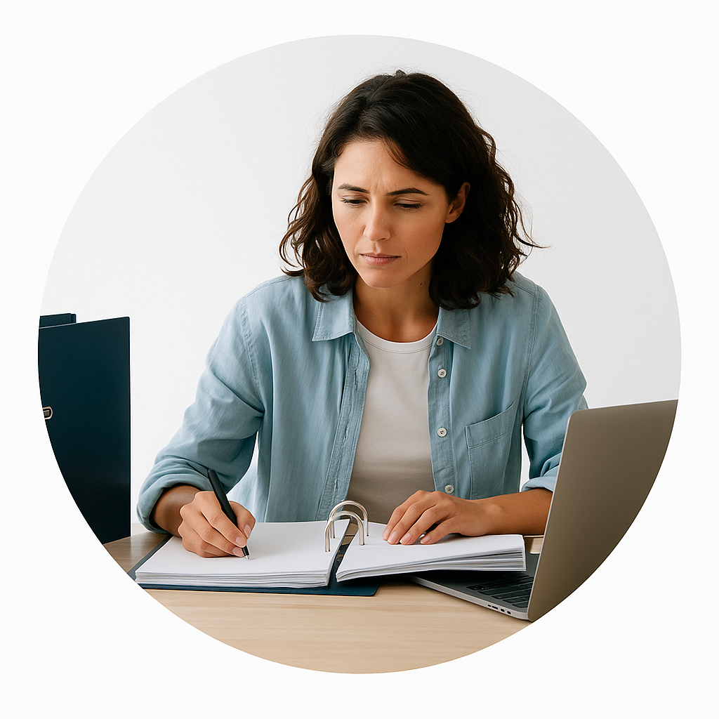 Freelancer doing simple bookkeeping with binders and laptop