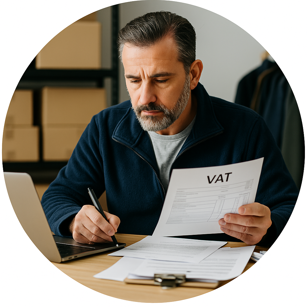 Wholesale business owner checking VAT records and paperwork