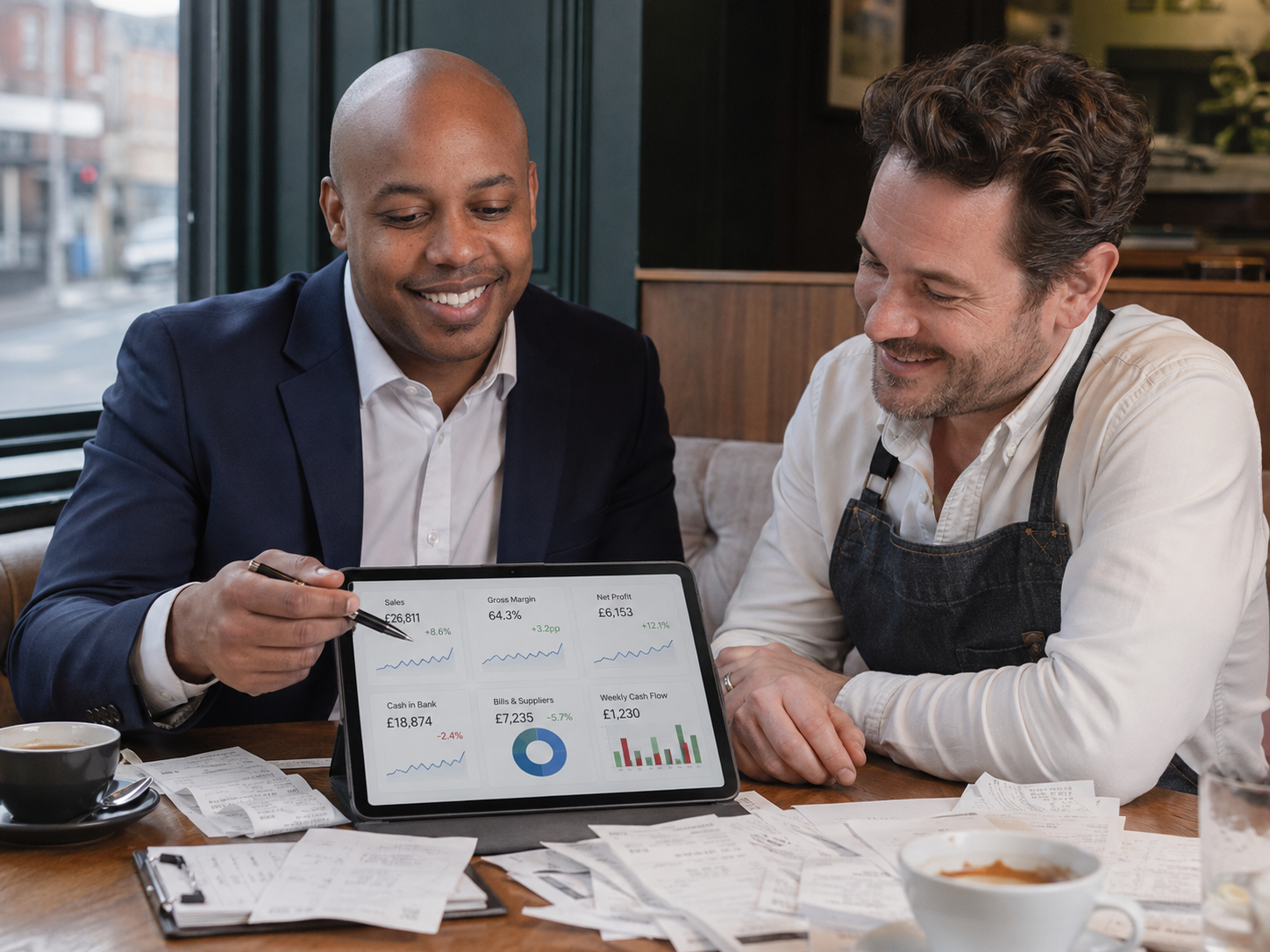 Food and beverage business owner reviewing finance support in a hospitality setting
